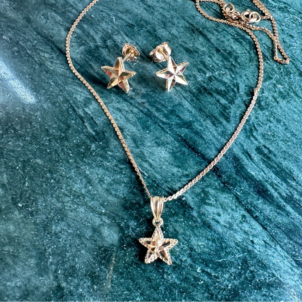 14K solid gold earrings and pendant set with chain